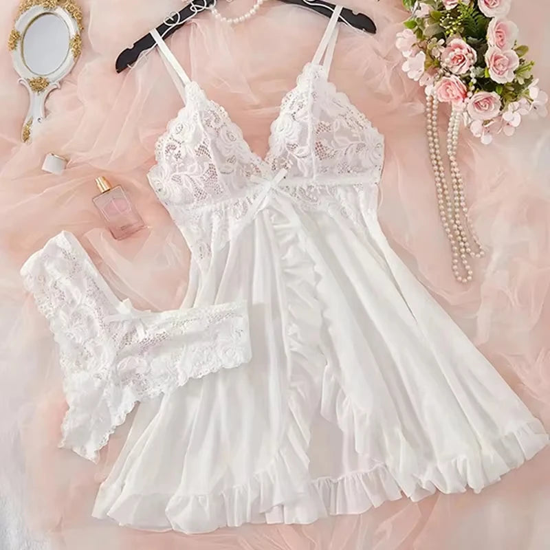 Transparent Red Sexy Lingerie Women's Underwear See Through Sleepwear Lace Nightdress And Panty Pijamas Sets Female Sexy Nighty