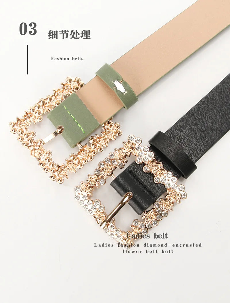 Fashionable Belts for Woman Shiny Rhinestone Beautiful Square Wreath Metal Buckle Solid Color PU Belts