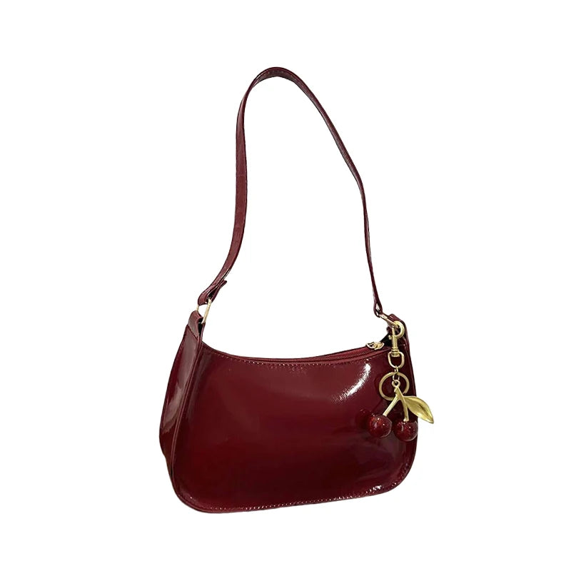 Women's PU Leather Handbag Versatile Fashion Solid Color Cherry Pendant Shoulder Bag Casual Commuting Bag Girl Underarm Bag