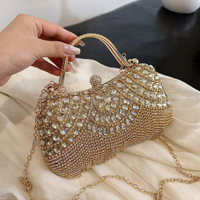 Gold Evening Clutch Bag For Women Luxury Diamond Party Purse Handbag Fashion Tassel Shoulder Crossbody Box Lipstick Bag Designer