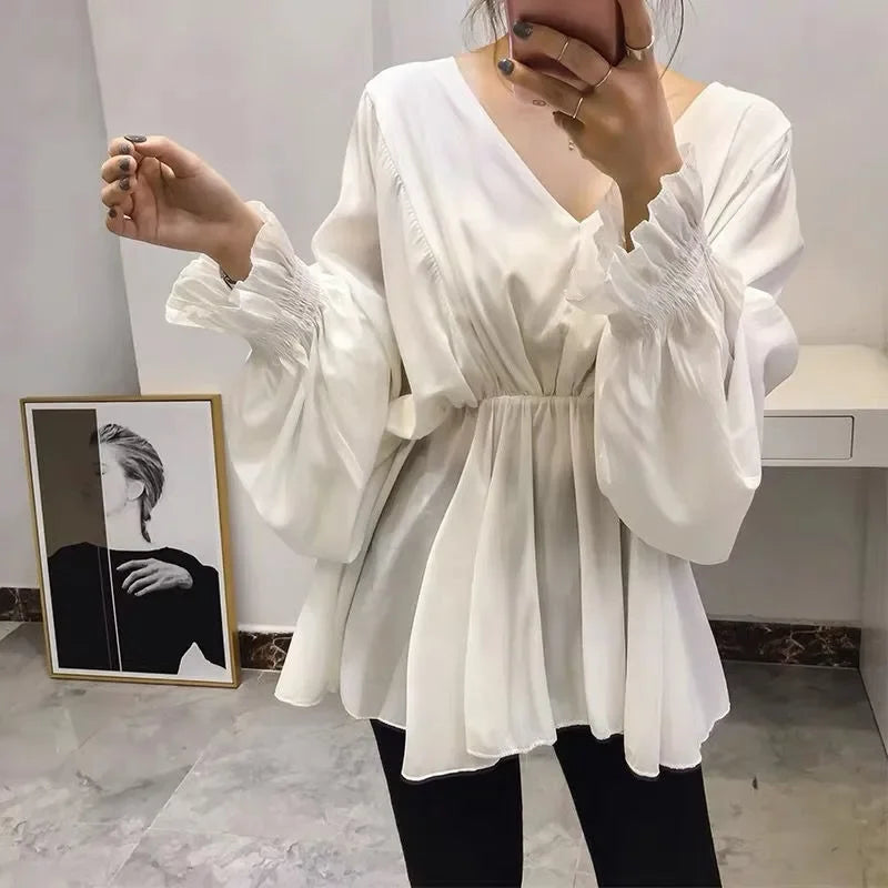 Blouse For Women Oversized Tops Long Sleeve V-neck Chiffon Slim Waist Shirts 2025 Blusas Mujer De Moda Folds Chic Summer Blouses