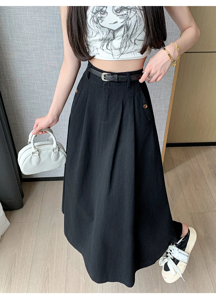 Seoulish Denim Skirts for Women 2024 Spring Summer New High Waist A-line Large Hem Office Lady Umbrella Skirt Pleated Long Skirt