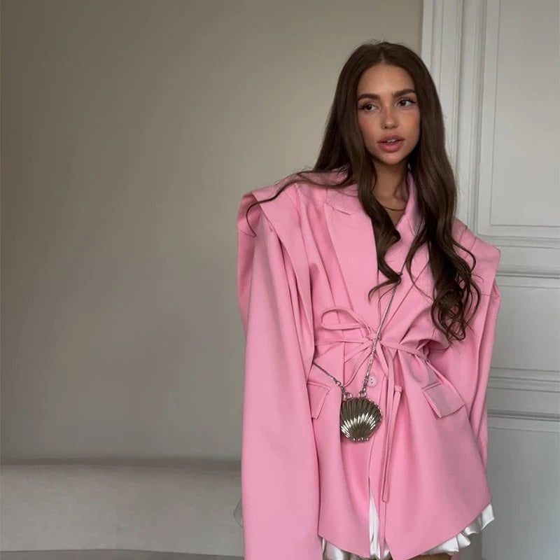 Lace Up Waist Cinched Suit Jacket Coat Blazer Shoulder Pad Strap Commuter Women Mid Length Overcoat Professional Formal Attire