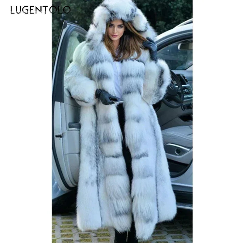 Faux Fur Coat Women Winter Fashion Warm X-Long  Coats Solid Hooded Loose Large Size Open Stitch Clothing Lugentolo