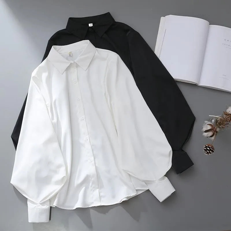 Blouses Tops Women White Black Long Lantern Sleeve Office Lady Temperament Autumn Winter Basic All-match Design Chic Female New