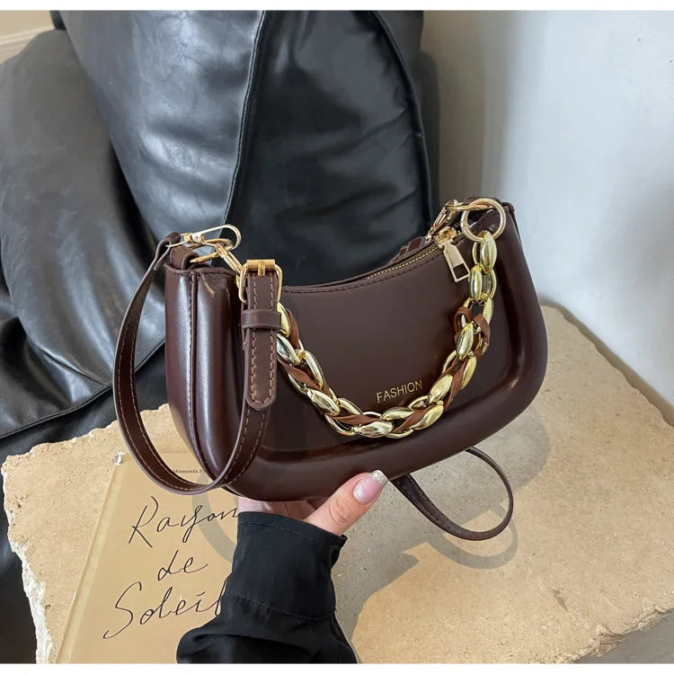 Fashion Chain Handbags Women's Crossbody Bags, Solid PU Leather Shoulder Bag For Daily Used