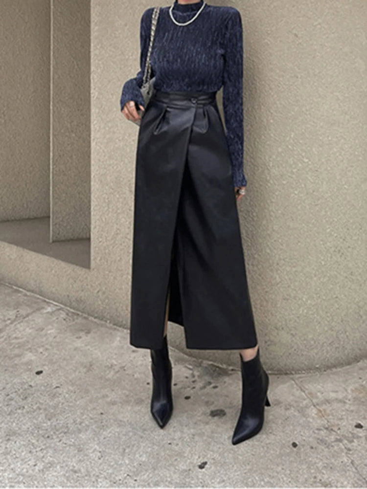 2025 Autumn Winter New PU Leather Half Skirt Fashion Irregular High Waist Skirts Temperament Slim Women Solid Color Split Skirt