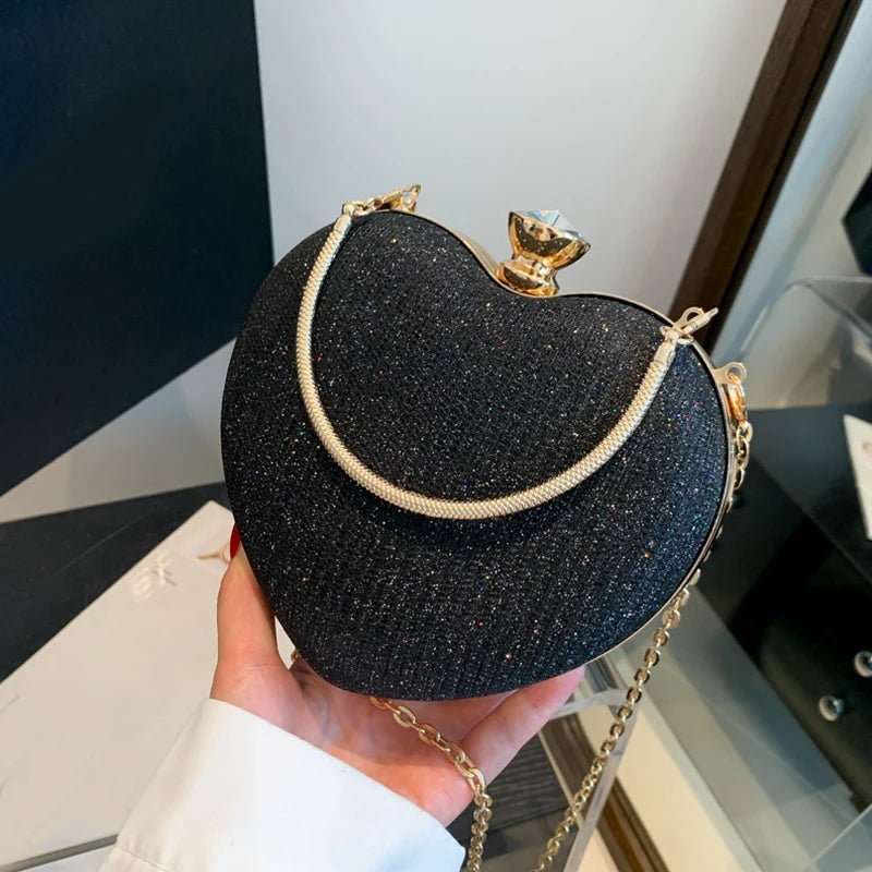 Evening Clutch Bag Women Bag Shiny Handbag Heart Shape Metal Clutches Bag Fashion Chain Shoulder Crossbody Bag Luxury Lady Purse