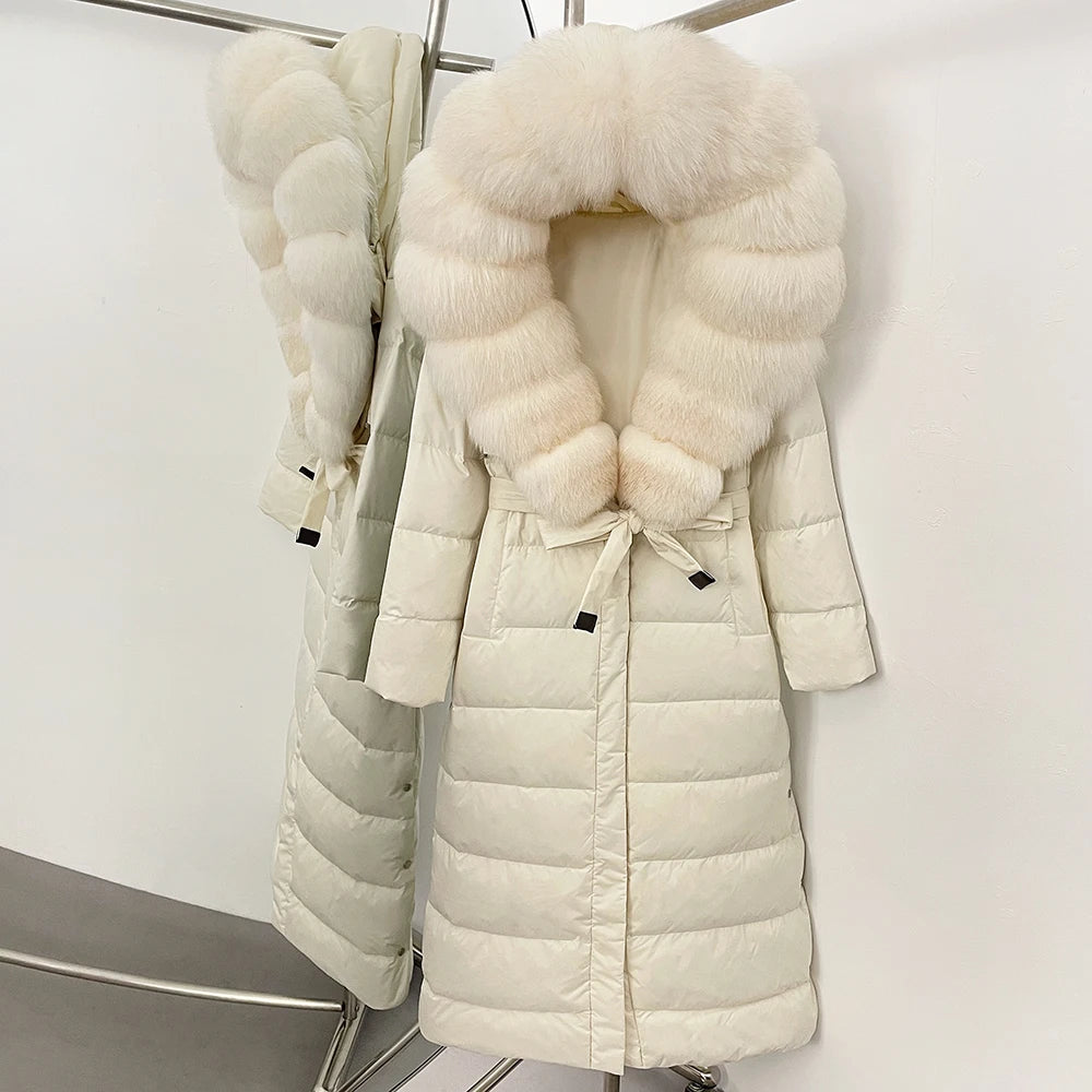 OFTBUY Large Real Fox Fur Collar X-Long Puffer Jacket Women Hooded Winter White Duck Down Coat Thick Female Parkas With Belt