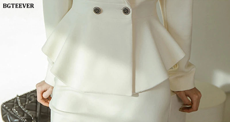 BGTEEVER Elegant Ladies Skirt Suits Double Breasted Slim Waist Blazer & High Waist Package Hip Skirts Women 2 Pieces Set