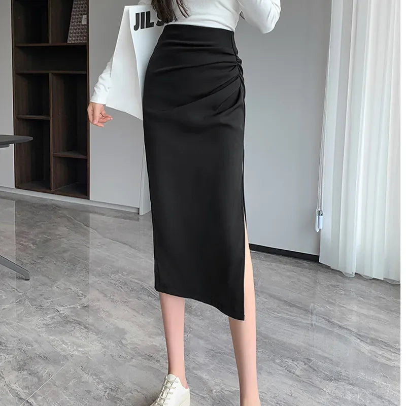 Slit Pleated Skirt for Women 2025 Summer New High-waist Slim Mid-length Versatile A-line Skirt