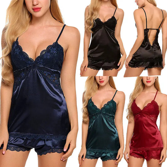 Erotic Lace Lingerie Pajamas Sexy Ladies Satin Silk Babydoll V-Neck Women's Pajamas Exotic Sexy Dresses hot erotic nightdress US