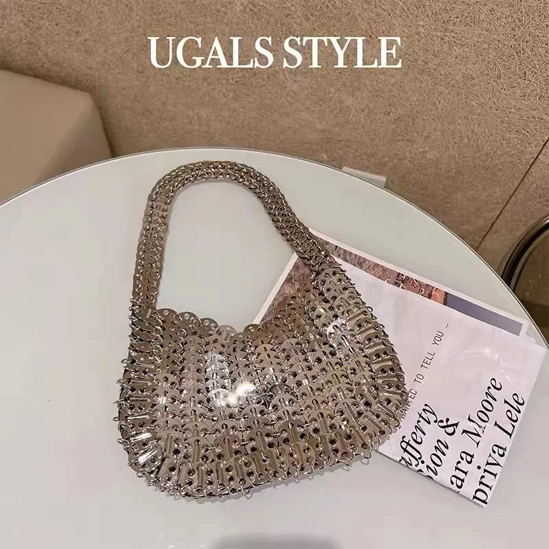 Bling Shiny Metal Sequined Dumpling Bag Woven Handmade Women Handbag Fashion Evening Bag Wedding Party Clutch Purse Shoulder Bag