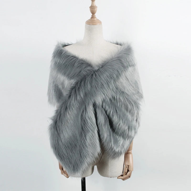 Women Fancy Bridal Wedding Shawl Cape Elegant Winter Warm Faux Fur Long Shawl Stole Wrap Scarf For Evening Party Decor Accessory