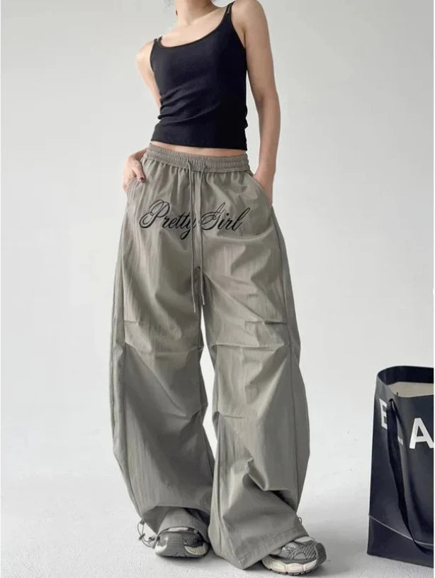 Women Loose Dancing Long PantsGrey Letter Embroidery Jazz Dance Pants Wide Leg Workwear Trousers for