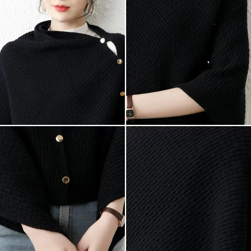 Warm Knitted Plain Color Scarf Thick Single Breasted Wool Shawl Wrap Women Cape Open Side Woven Cardigan Poncho Stole