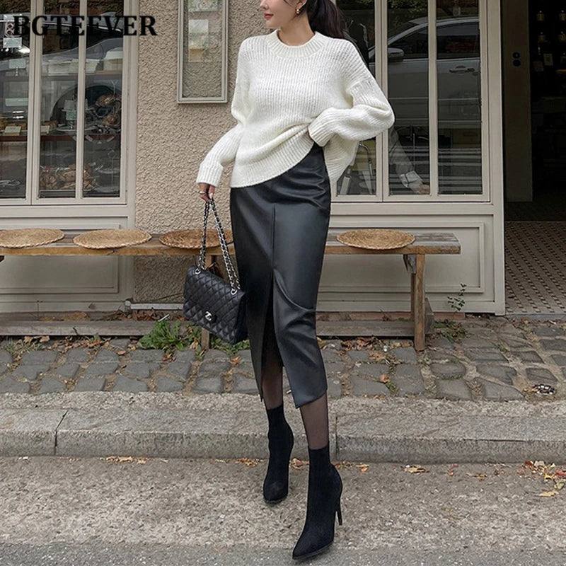 BGTEEVER Stylish Skinny PU Leather Skirts for Women Autumn Winter Elegant Slim Split Package Hip Pu Skirts Female