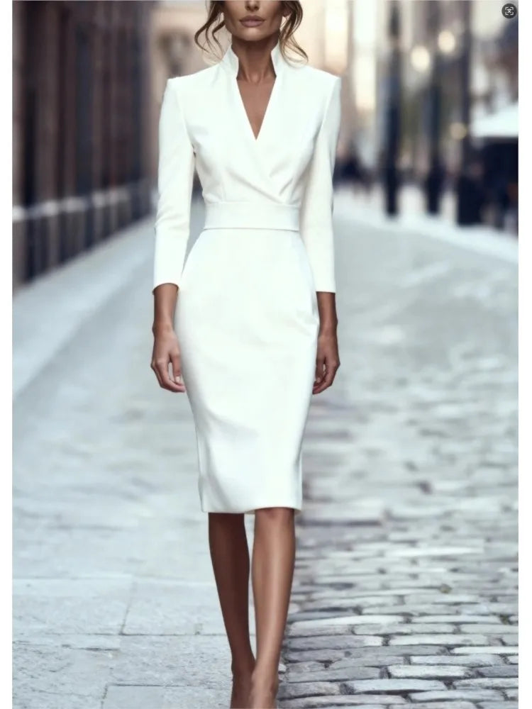 Women's Slim Long Sleeve One Step Office Black Dress Autumn New Fashion Stand Collar Waist Cover Hip Female  Burgundy Dress 2025