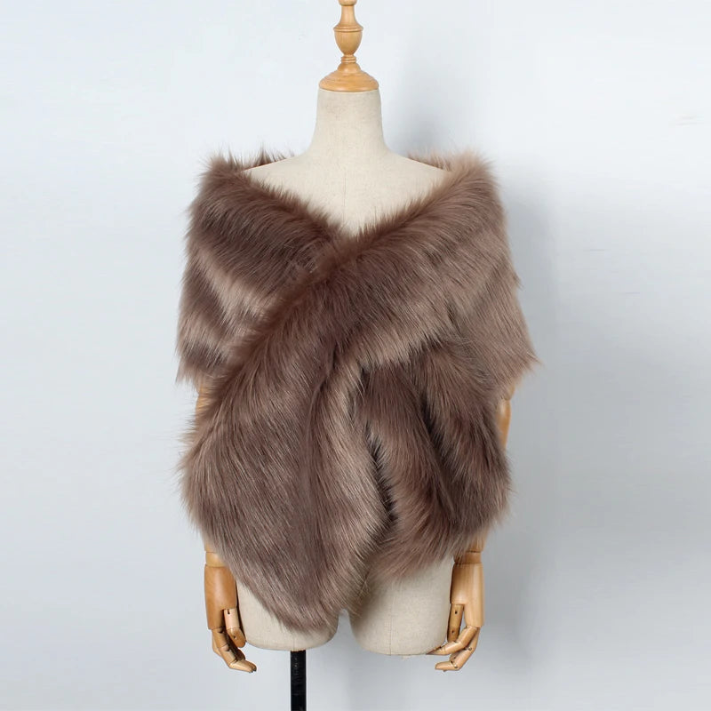 Women Fancy Bridal Wedding Shawl Cape Elegant Winter Warm Faux Fur Long Shawl Stole Wrap Scarf For Evening Party Decor Accessory