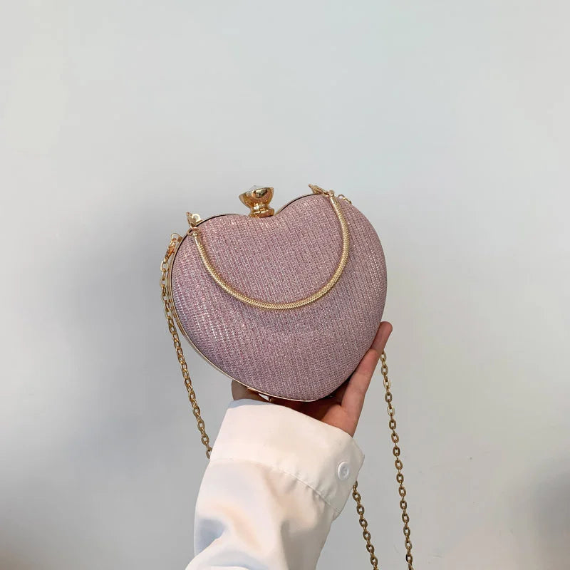 Evening Clutch Bag Women Bag Shiny Handbag Heart Shape Metal Clutches Bag Fashion Chain Shoulder Crossbody Bag Luxury Lady Purse