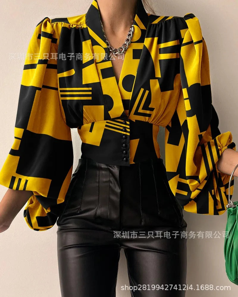 Elegant And Youth Woman Blouses Spring V-neck Lantern Sleeve Slim Fit Women's Shirts Button Long Sleeve Shirts And Blouses 2024