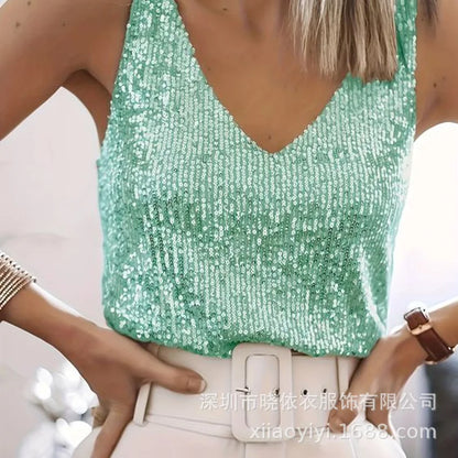 Fashion Sexy V-Neck Tank Tops For Women Elegant Solid Loose Sleeveless Pullover Top Summer New Party Womens Clothing 2025