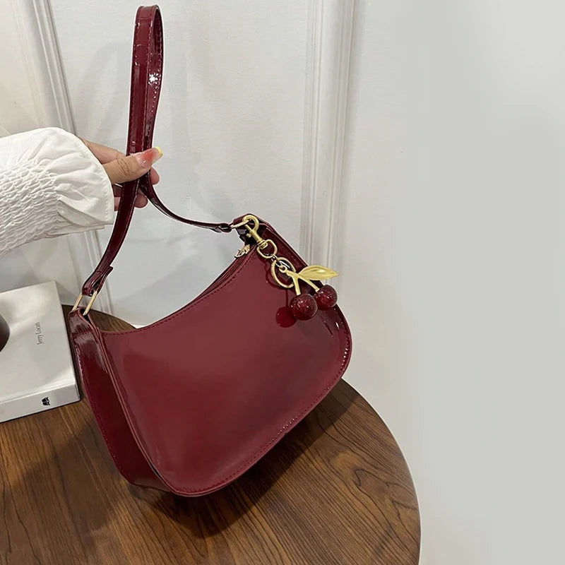 Women's PU Leather Handbag Versatile Fashion Solid Color Cherry Pendant Shoulder Bag Casual Commuting Bag Girl Underarm Bag