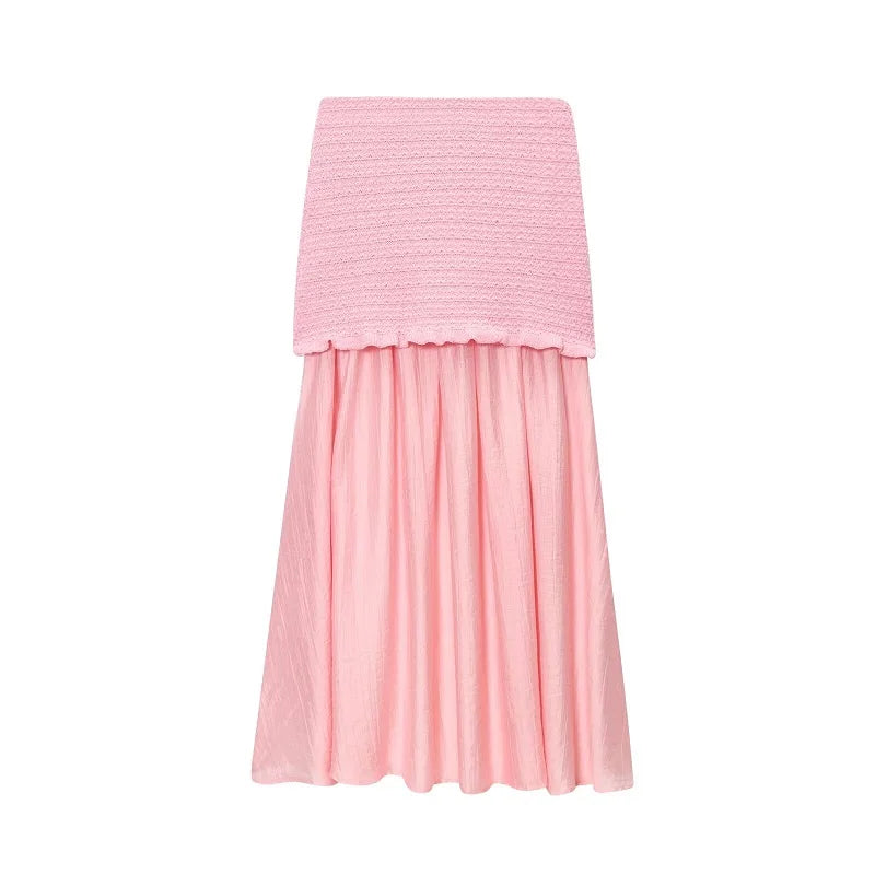 MUJER Pink Knit Skirt Set 2 Piece Woman Pleated Long Skirts for Women off Shoulder Ruffle Top Women's Skirts Set Summer Outfit