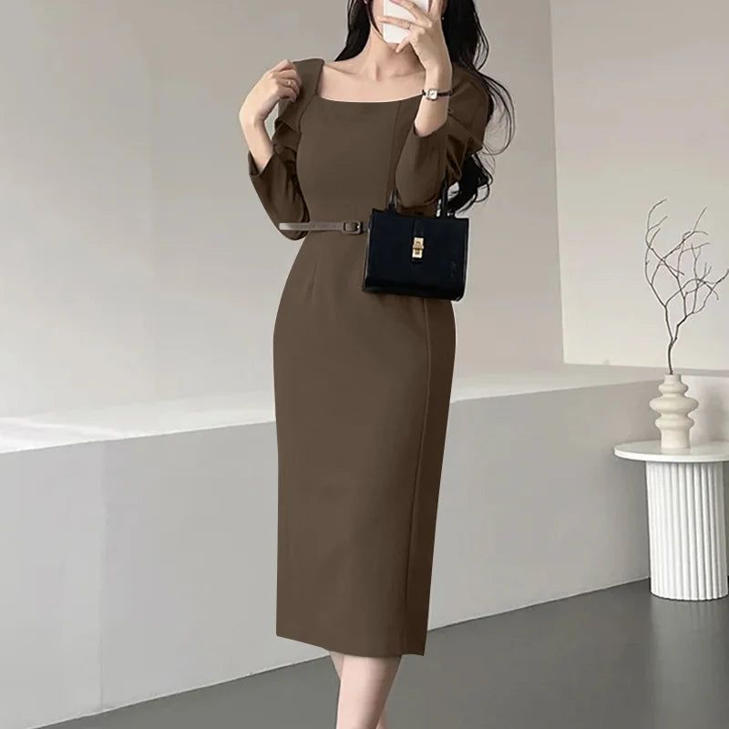 Elegant Autumn Office Lady Dresses 2025 ZANZEA Women Square Neck Long Sleeve Party Work Dress Midi Vestidos Solid Slim Fit Robe