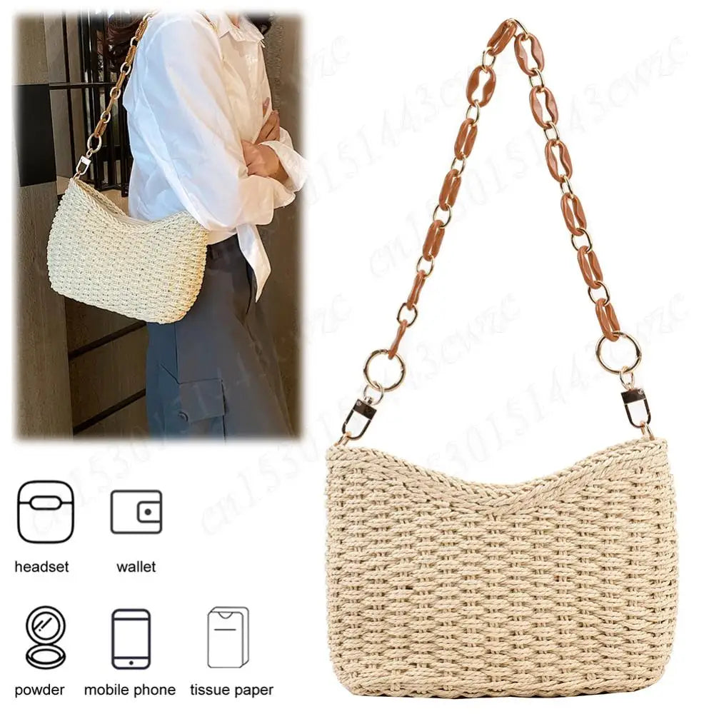 Straw Purse for Women with Chain Woven Shoulder Bag Zipper Underarm Bag Large Capacity Clutch Purse for Travel Vacation