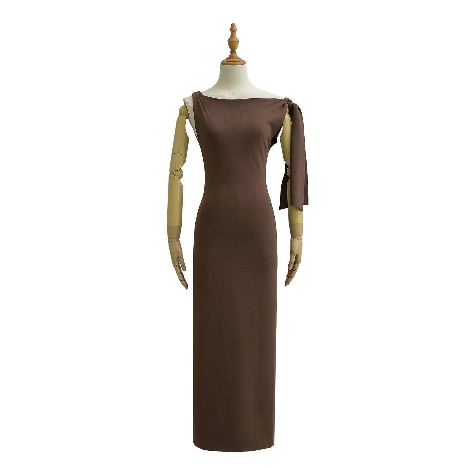 Women BODYCON  Sleeveless ONE-SHOULDER TIE RAW-CUT EDGES Sueded Stretch Knotted Maxi Dress