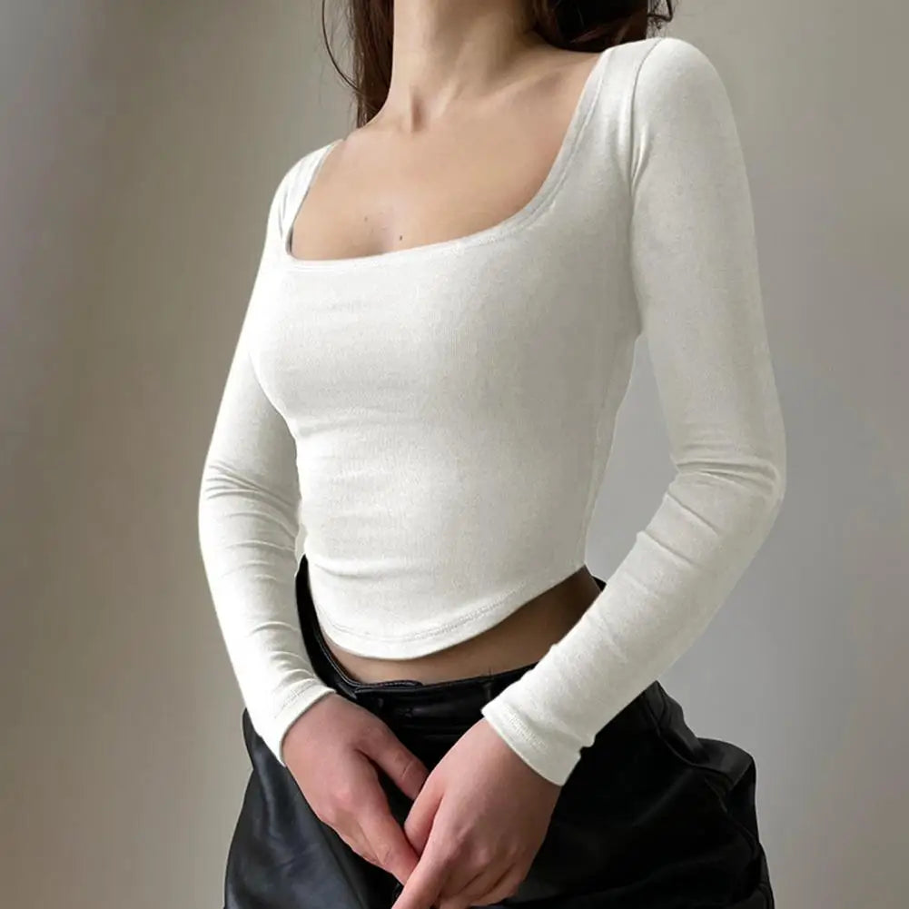 Short Blouse Elegant Square Neck Crop Top for Women Slim Fit Knitted Short T-shirt with Long Sleeves Pure Color Elastic for Club