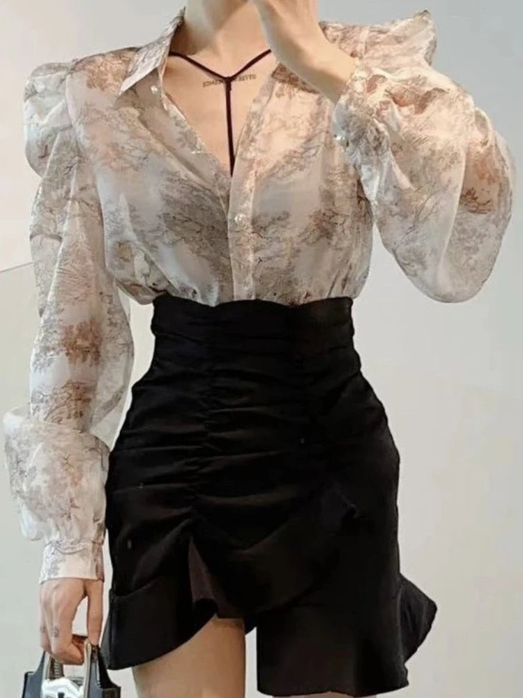 2023 Blusas Mujer De Moda Floral Sweet Blouses for Women Loose Puff Sleeve Turn Down Collar Shirts Summer Vintage Elegant Tops