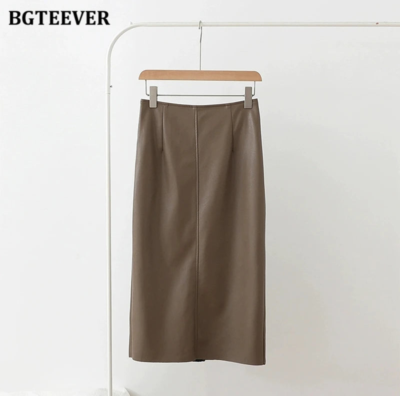 BGTEEVER Stylish Package Hip PU Leather Skirts for Women Autumn Elegant High Waist Slim Split Ladies Pencil Skirts