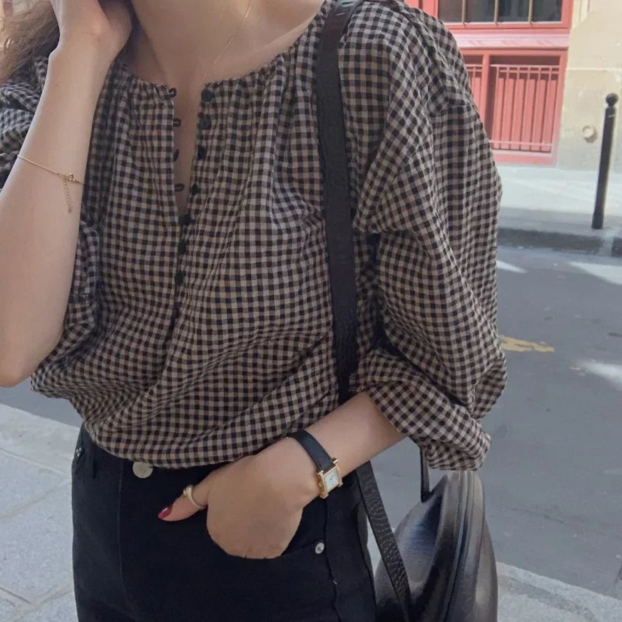 Blouses Women Button Fly Plaid Printed O-neck Shirts Womens Vintage Casual Loose Tops Chic Trendy Gentle Designer Retro Clothing