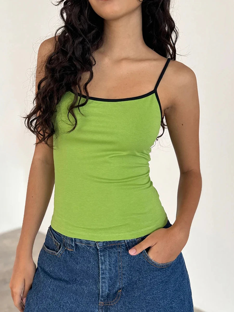 Women Spaghetti Strap Tank Top Scoop Neck Contrast Trim Crop Cami Top Y2K Aesthetic Sleeveless Fitted Basic Tops Streetwear