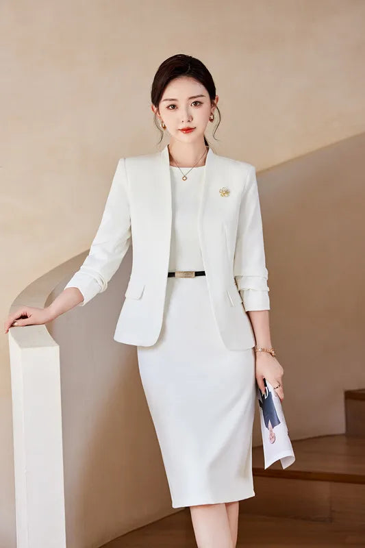 NAVIU Two Piece Dress Suits For Women Long Sleeve Solid Slim Fit Fashionable Momochromatic New Office Ladies Work Wear White