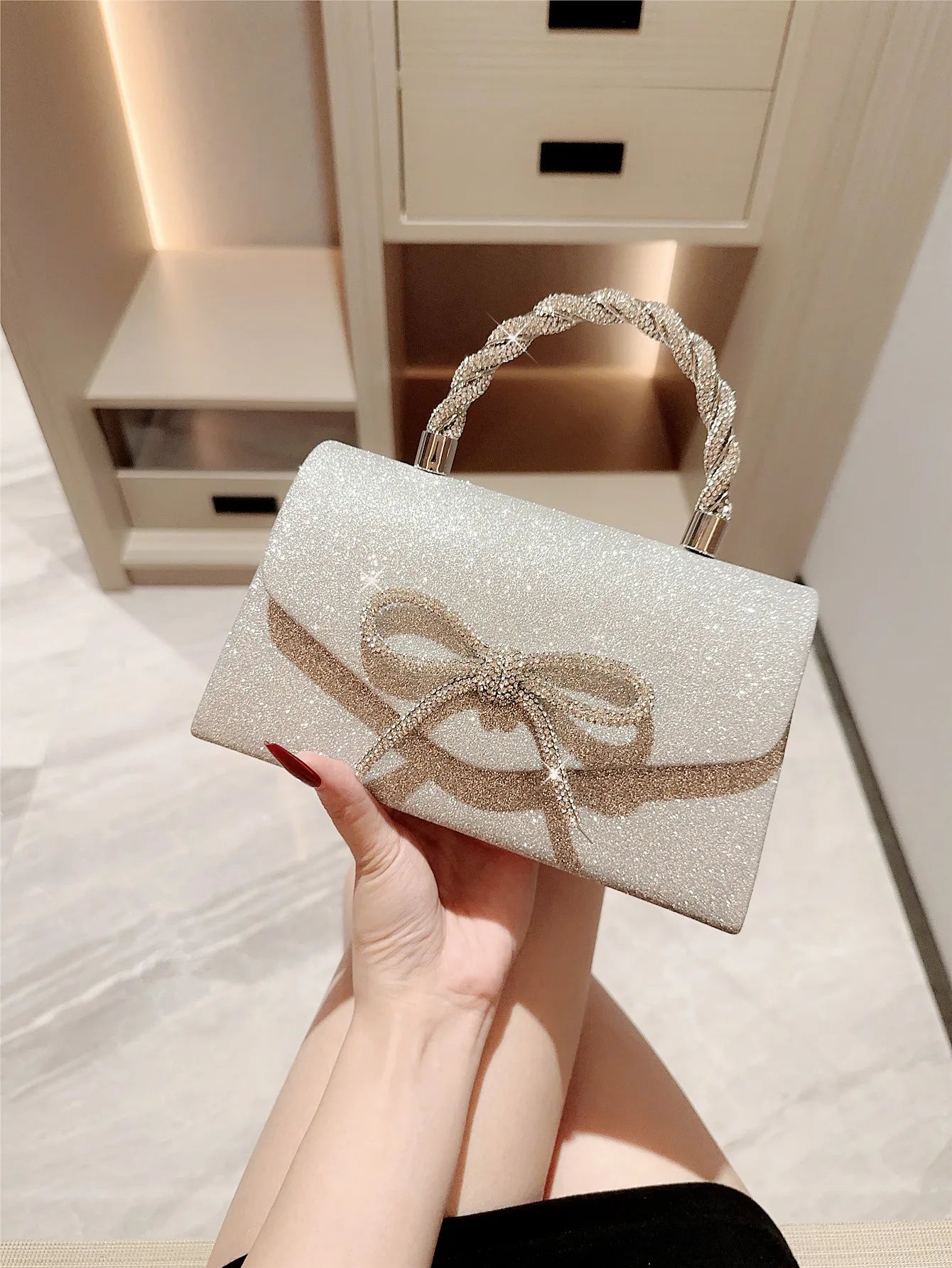 Evening Bag Dress Versatile European and American Clutch Bag Crossbody Celebrity Fashion Diamond Bow Chain Bag