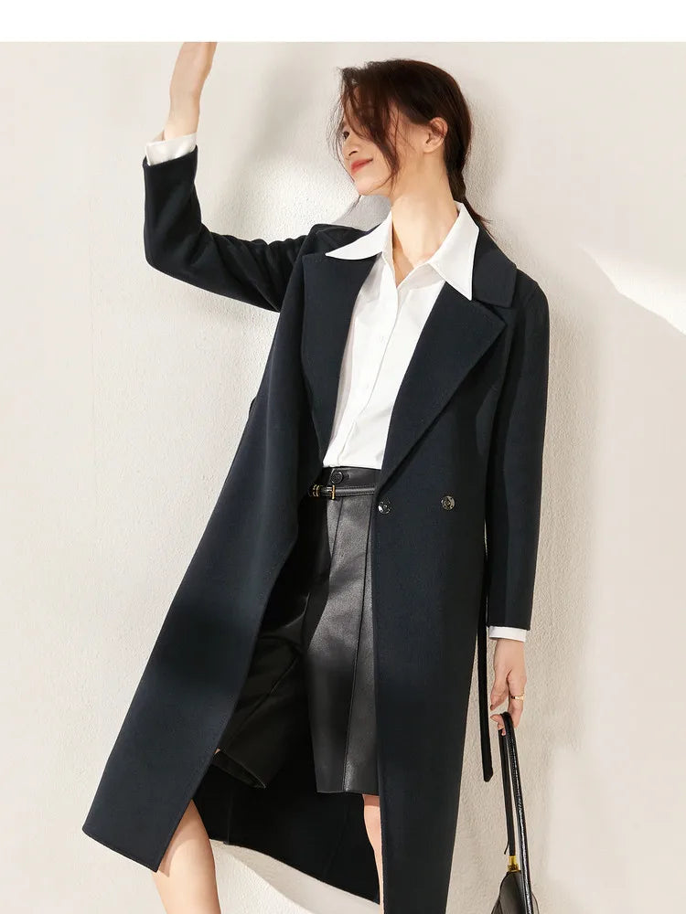 SENTUBILA Women 100% Wool Long Wrap Coat 2025 Elegant Notched Collar Belted Warm Double Faced Woolen Winter Overcoat W24O43352