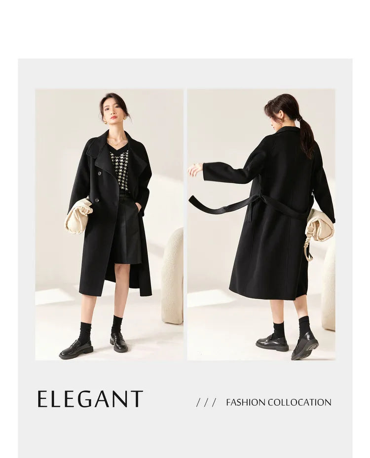 SENTUBILA Women's Long Woolen Overcoats 2025 Winter Outerwear Elegant Turtleneck Warm Double Breasted Belt Wrap Coat W24O42064