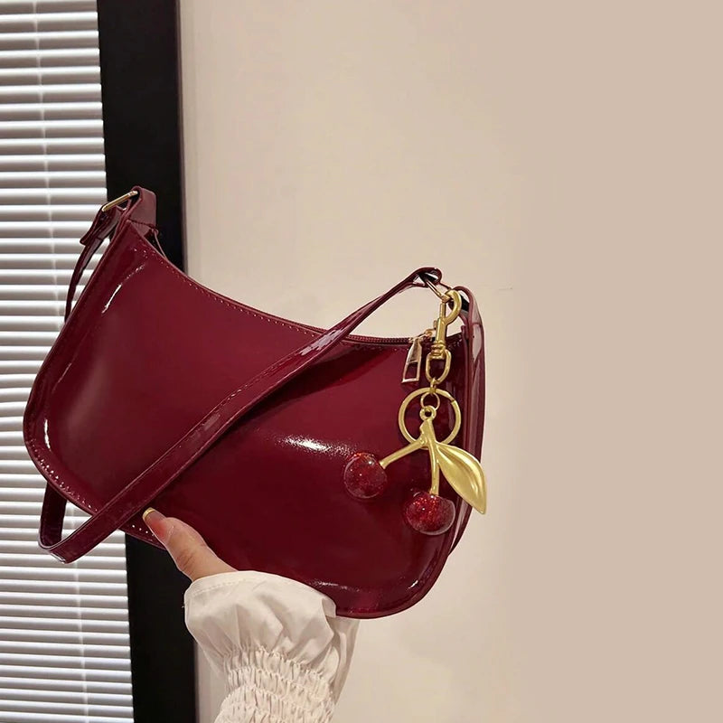 Women's PU Leather Handbag Versatile Fashion Solid Color Cherry Pendant Shoulder Bag Casual Commuting Bag Girl Underarm Bag