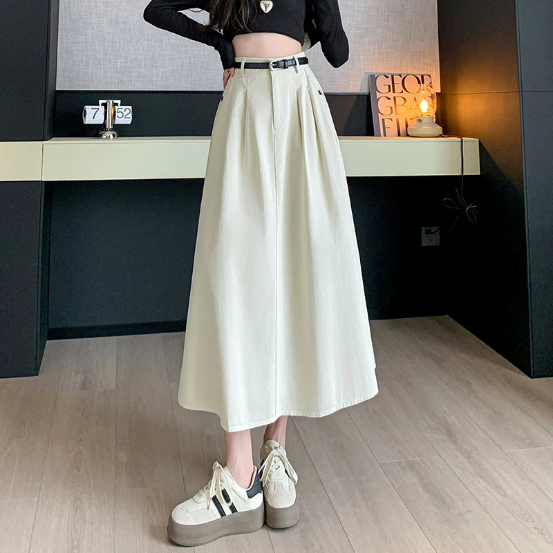 Seoulish Denim Skirts for Women 2024 Spring Summer New High Waist A-line Large Hem Office Lady Umbrella Skirt Pleated Long Skirt