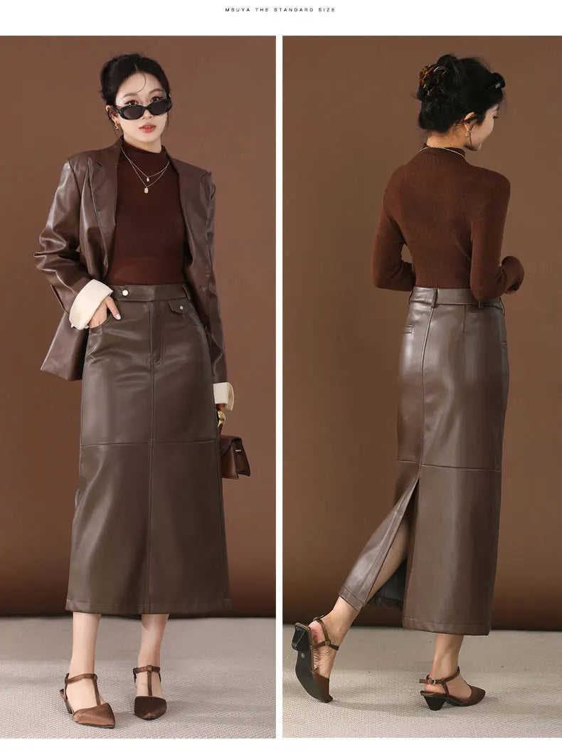 PU Leather Skirt Women's Autumn 2025 New High Waist Hip Skirt Medium and Long Straight Split One-step Skirt