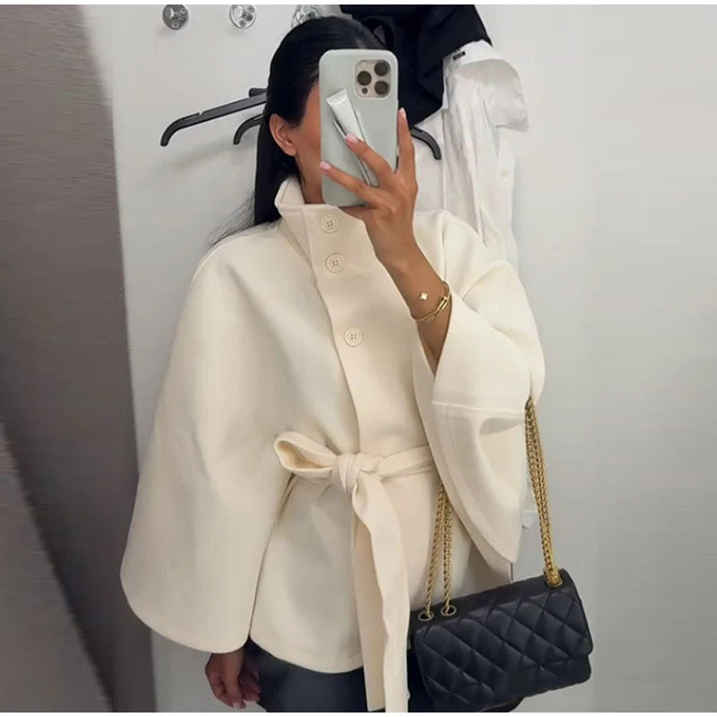 Elegant Lace Up Loose Fit Cape Coat Women's Autumn Winter Oversized High Neck Belted Wrap Jacket Fashion Warm Outerwear Outfit