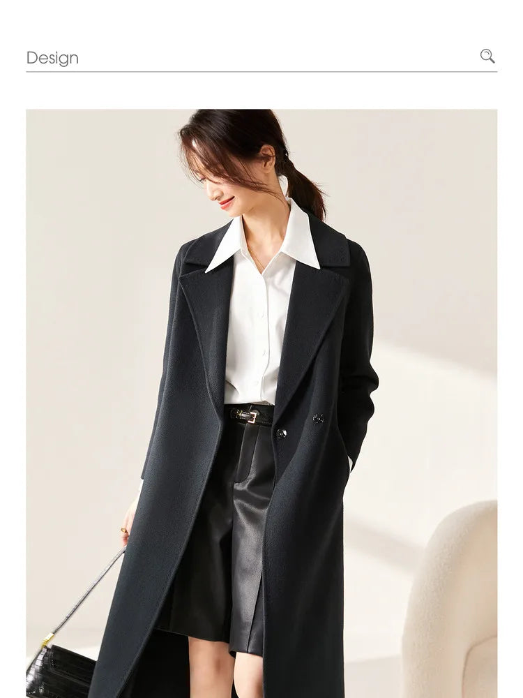 SENTUBILA Women 100% Wool Long Wrap Coat 2025 Elegant Notched Collar Belted Warm Double Faced Woolen Winter Overcoat W24O43352