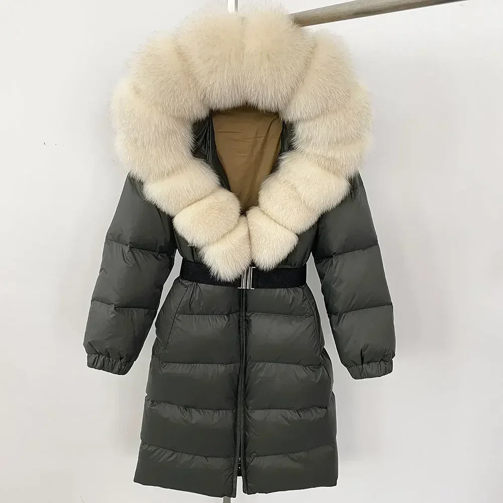 90% White Duck Down Coat New Natural Thick Warm Long Winter Jacket Women Real Big Fox Fur Collar Belt Loose Puffer Parka