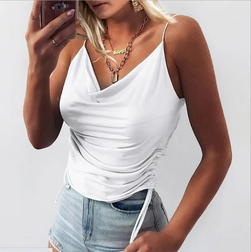 Women's Solid Tank Top V Neck Camisole Cami Drawstring Spaghetti Strap Top Sleeveless Blouse Tank Shirt New Summer Crop Top