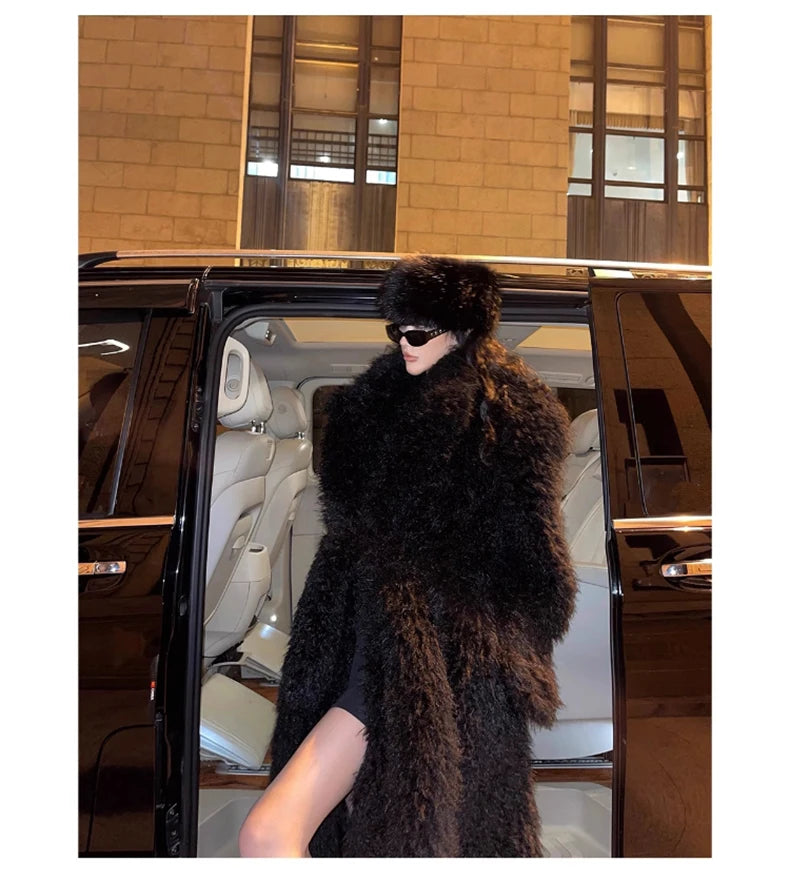 Lautaro Winter Extra Long Soft Thick Warm Fluffy Black Fuzzy Shaggy Hairy Faux Fur Coat Women Sashes Luxury Furry Overcoat 2023