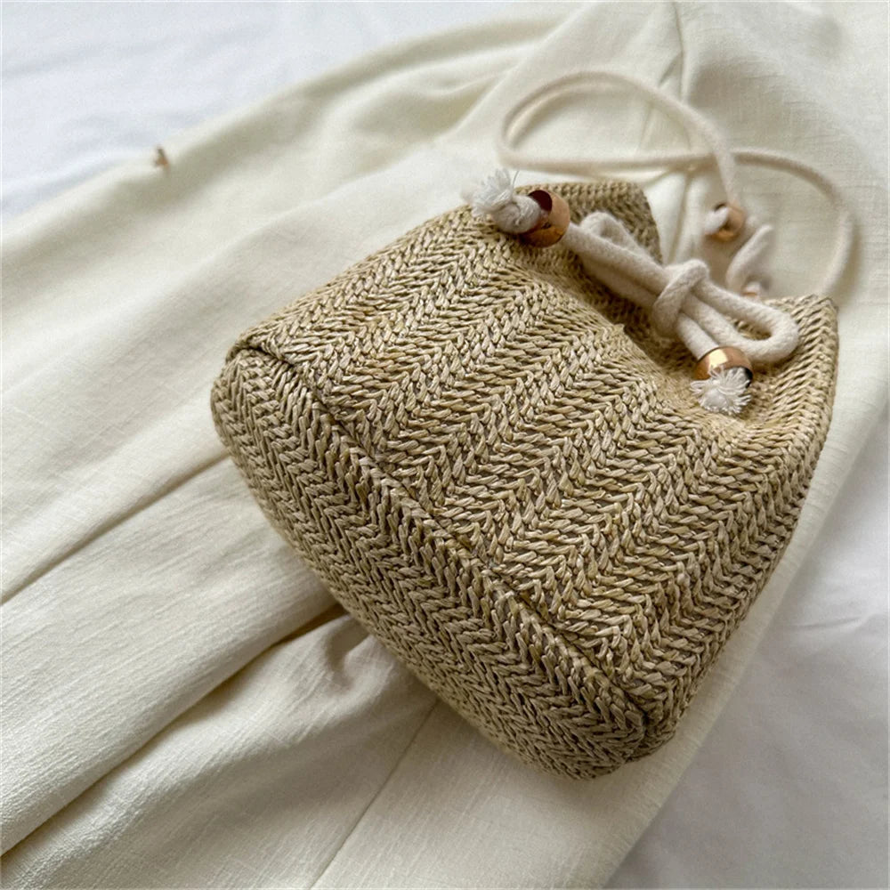 Fashion Womens Soft Woven Cross Body Bag Drawstring Straw Shoulder Bags Ladies Summer Travel Leisure Beach Handbag 2024 New