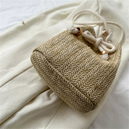 Fashion Womens Soft Woven Cross Body Bag Drawstring Straw Shoulder Bags Ladies Summer Travel Leisure Beach Handbag 2024 New